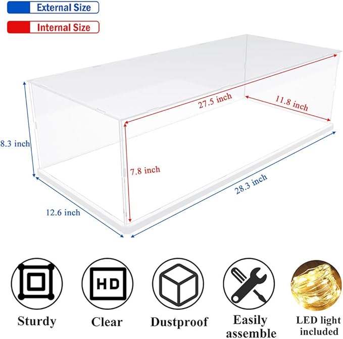 DuvinDD Acrylic Display Case for Lego Car Mercedes F1 42171, McLaren F1 42141, Clear Large Display Box 1/8 Scale Model Car Dustproof for Collectibles with Black Base(27.5x11.8x7.8 inch)