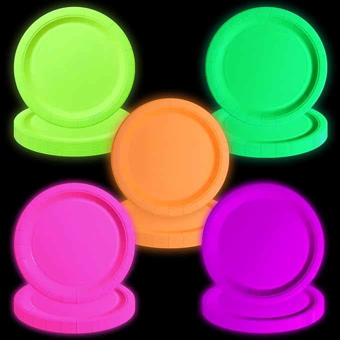 50 Pcs Glow in the Dark Neon Party Supplies, 5 Color Neon Birthday Plates Disposable Paper Plates for Let's Glow Party Decorations Halloween, 9 x 9 inches