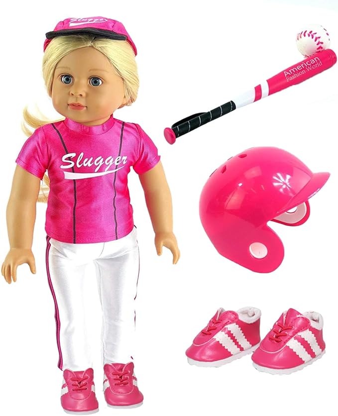 Hot Pink Baseball Uniform with Baseball Bat, Helmet, and Shoes (Doll Not Included) | 18 Inch Doll Clothes