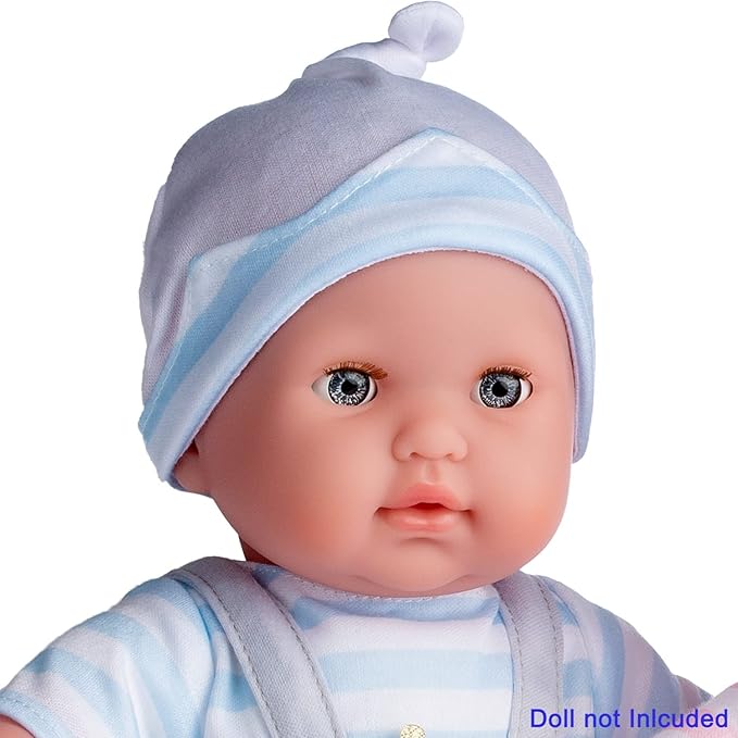 JC Toys | Berenguer Boutique | Baby Doll Outfit | Gray Overall Shorts with Blue Stripes | Includes Headband and Booties | Ages 2+ | Fits Dolls 14"- 16"