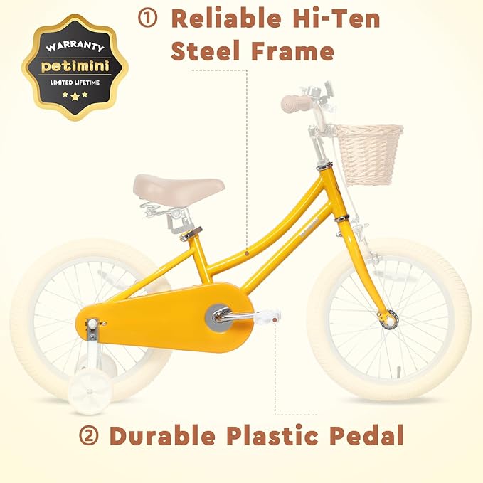 Petimini Vintage Kids Bike for Girls, 12–20 Inch Classic Bicycle with Wicker Basket & Bell, High Tensile Steel Frame, Training Wheels (12–18”), 85% Pre-Assembled, Retro Bike for Outdoor Riding