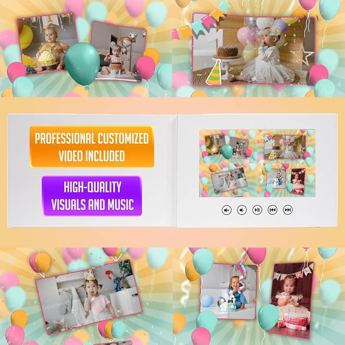 Baby Birthday Video Greeting Card – Custom Slideshow with Your Photos – Charming Keepsake for Kids – 7” HD Screen, 4GB Storage, Long-Life Battery, USB Rechargeable Design