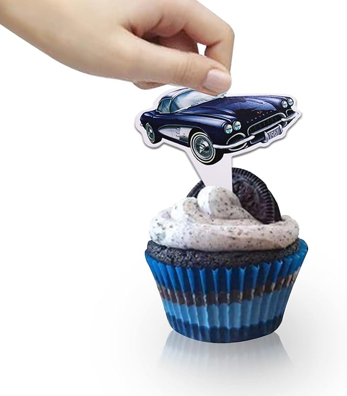 Classic Cars 24 pcs Cupcake Toppers, 1950's Convertible Vintage Car Theme Party Supplies Favors,Cake Picks For Birthday Anniversary Wedding Engagement Party Decorations