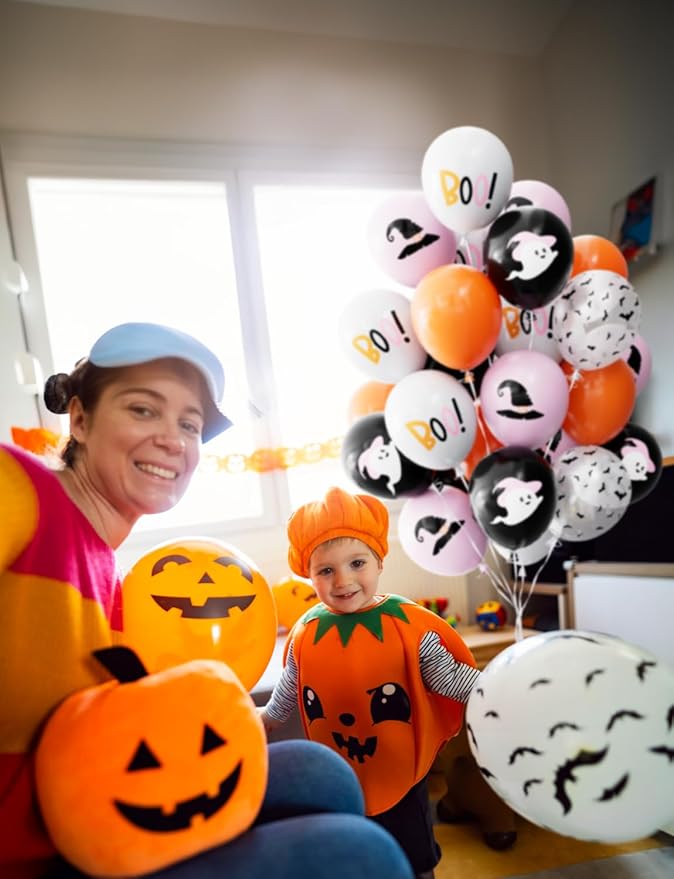 Halloween Balloons,12 Inch Pink,Black,Orange,White Balloons,Hey Boo Balloon with Cute Ghost,Wizard Hat,Bat Design for Halloween Party Decorations,Birthday,Baby Shower-50Pcs