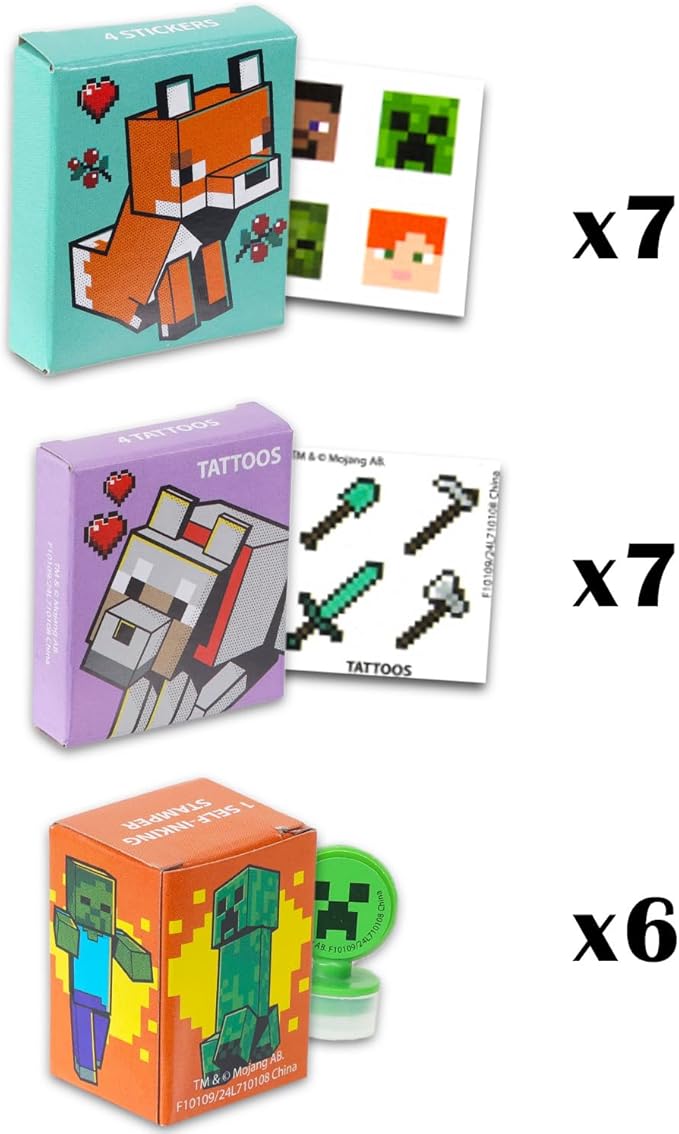 Minecraft Party Favors for 20 Guests Bundle ~ 20 Pieces Favor Boxes with Stickers, Tattoos and Stampers for Kids Birthday Party | Minecraft Party Supplies and Decorations