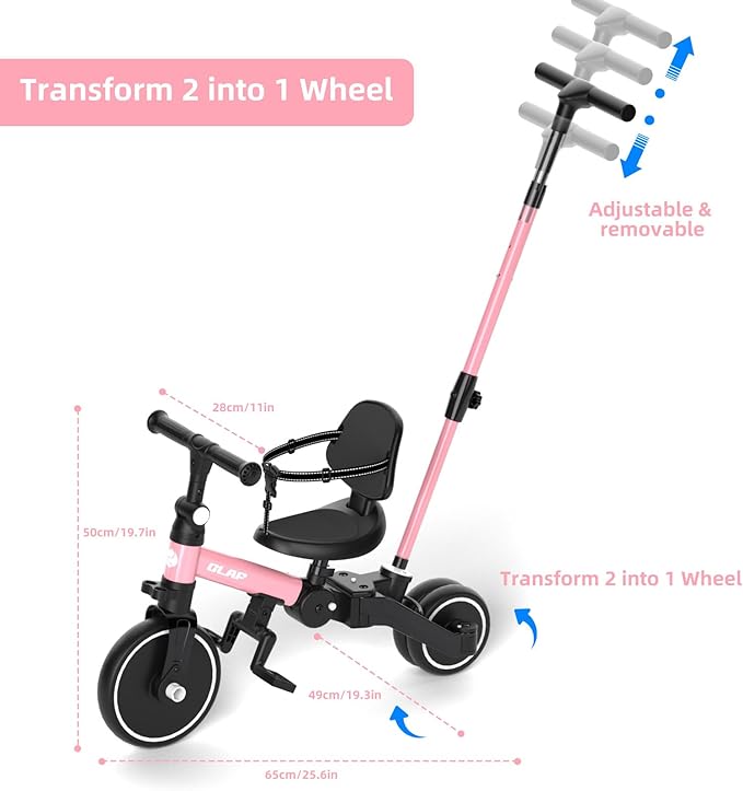 Glaf Tricycle for Toddlers 1-3 Toddler Bike with Push Handle 2-4 Years Baby Bike Toys for 2 Years Boys and Girls Balance Bike with Adjustable Seat Height and Backrest Birthday Gift (Pink