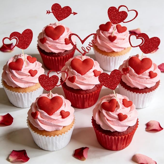 Valentines Cupcake Toppers, 24 PCS Glitter Red Heart Cupcake Picks, Valentines Cake Decorations Heart Love Food Picks Cupcakes Toppers for Valentine's Day Party Decorations Supplies