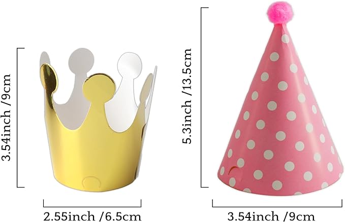 Party Hats for Kids Birthday Hats, DIY Mini Cone and Crown Set with Pom Poms, Small Paper Caps for Stuffed Animals, Pets or Toddler Decorations, Assorted Rainbow Colors