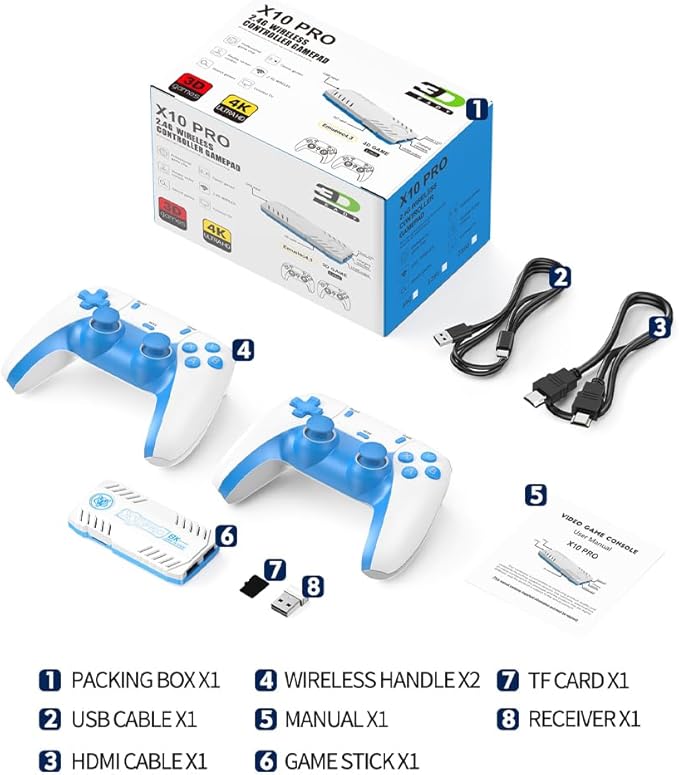 X10 PRO Retro Game Stick with 50000+ Games, 4K HDMI HD Plug and Play Game Stick with 2 Controllers, Support 50+ Simulators, 2 Player Battle (Style 1)