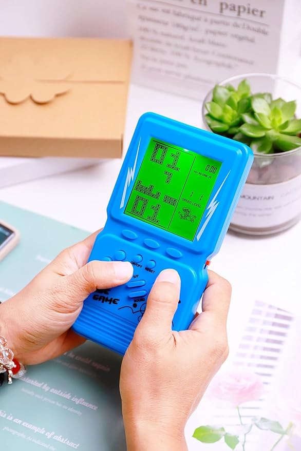 Retro Brick Game Console Large Screen with Green Backlight Built-in 23 Multi-Mode Block Games Classic Nostalgia Speed and Difficulty Adjustable Powered by 2 AA Batteries (Blue)