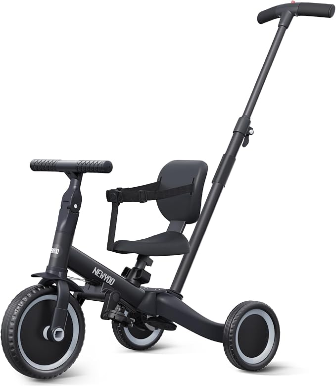 newyoo Toddler Bike, Tricycle w Push Handle for 1-3 Year Old, Birthday Gifts and Toys for Boy's and Girl's Birthday, Convertible 5 in 1 Baby Balance Bike, Kids Outdoor Riding Toys, Black, TR007