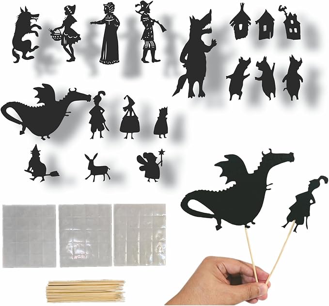 Shadow Puppet Theater Set – 20-Piece Fairy Tale Silhouette Kit with Felt Cutouts, Sticks & Dots – DIY Storytelling Shadow Play for Kids, Classroom, Family Craft Activities