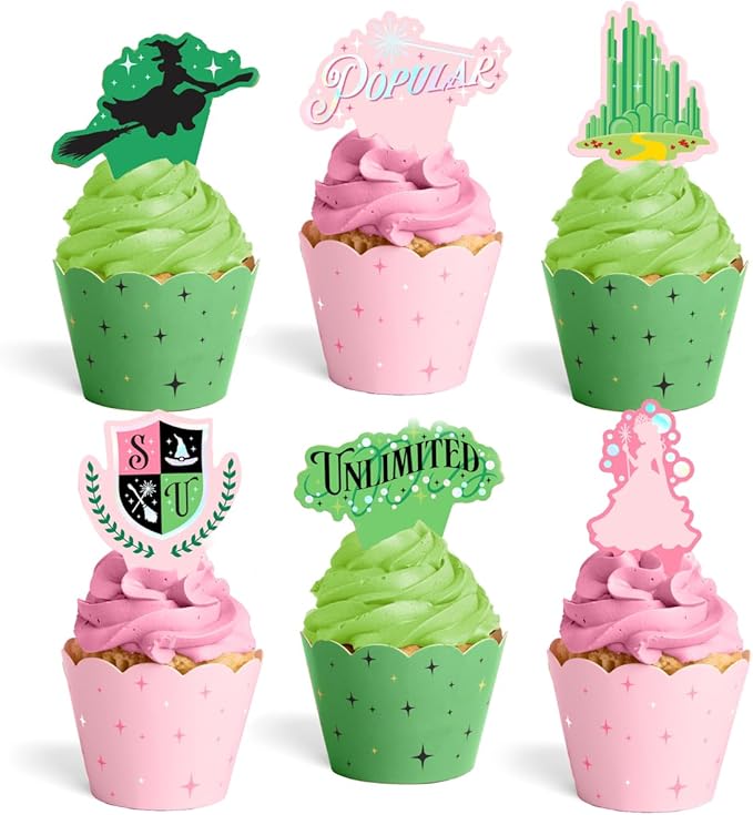 xo, Fetti Pink + Green Witch Cupcake Toppers + Wrappers - Set of 24 | Kids Cake Decoration, Popular Party Decor, Unlimited Wizard Supplies, Dessert Accessory