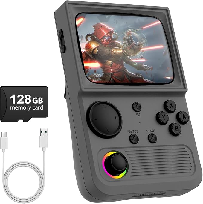 R36T Retro Gaming Console, 3.5'' IPS Screen CRT-Inspired, Handheld Game Console with 22000+ Classic Games Supports WiFi Networked Fighting and OTG, 3500mAh Battery, with Portable Case(Grey 128GB)