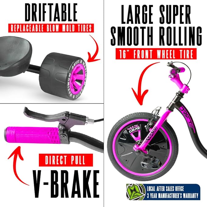 Drift Trike for Kids Ages 5+ – 16" Front Wheel Ride-On with Adjustable Seat, Steel Frame, Rear Slick Drift Wheels & Safety Flag – Madd Gear (Black/Pink)