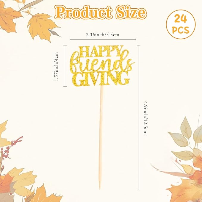 Happy Friendsgiving Cupcake Toppers, 24 PCS Glitter Happy Thanksgiving Cupcake Picks, Gold Give Thanks Cake Decorations Food Picks for Happy Thanksgiving Day Themed Birthday Party Decoration Supplies
