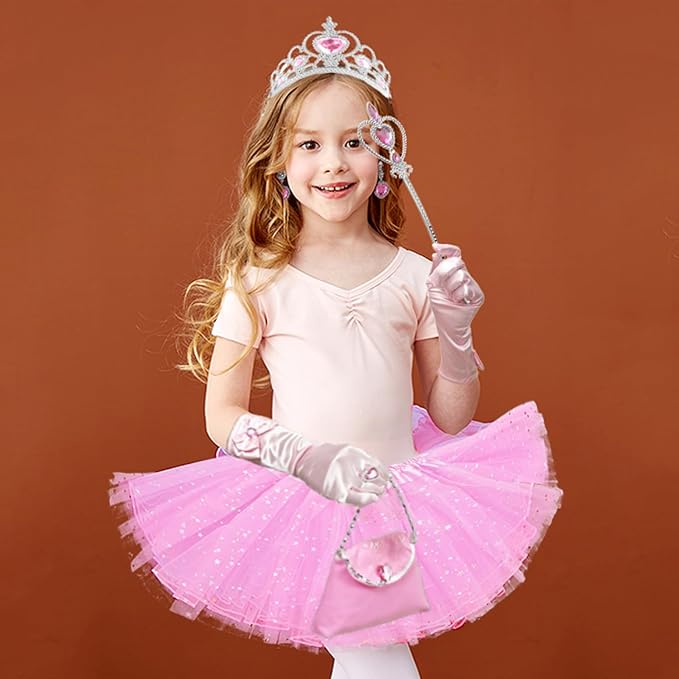Princess Dress Up Accessories Tulle Skirt Toddler Tutu Costume Toys with Princess Crown Gloves Wand Earrings Ring Handbag 9pcs Girl Role Play Gift Set Birthday Party Favors for 3-8 Years Girls