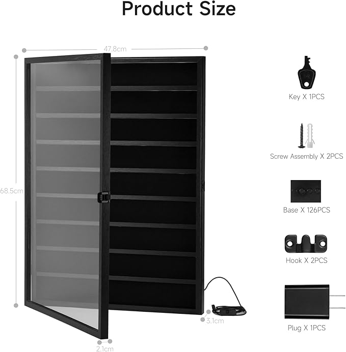 Large 126 Minifigures Miniature Display Case ,LED Building Block Toy Collectibles Display Box , Wall Mount Figure Display Cabinet with Acrylic Protected Clear Lockable Door