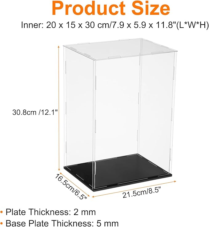 uxcell Acrylic Clear Display Case for Collectibles Self-Assemble Display Boxes with Black Base Dustproof Countertop Storage Box for Collectible Action Figures, 7.9 x 5.9 x 11.8 Inch