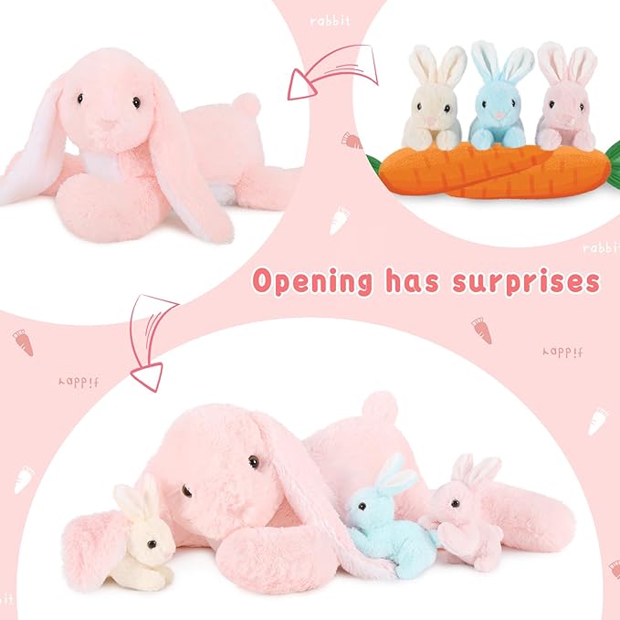 Big Pink Bunny Stuffed Animal 24" - Large Easter Stuffed Bunny Rabbit Plush Toy Gifts for Girls Baby - Plushy Mommy Bunny Surprise with 3 Babies Inside