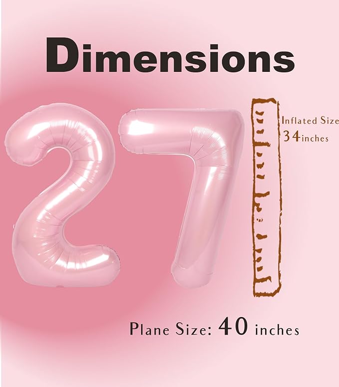 SUWEN 40 Inch Large Pink 27 Balloon Numbers Big Foil Helium Number Balloons 0-9 Jumbo Happy 27th Mylar Birthday Party Decorations for Women 72 Anniversary Party Supplies