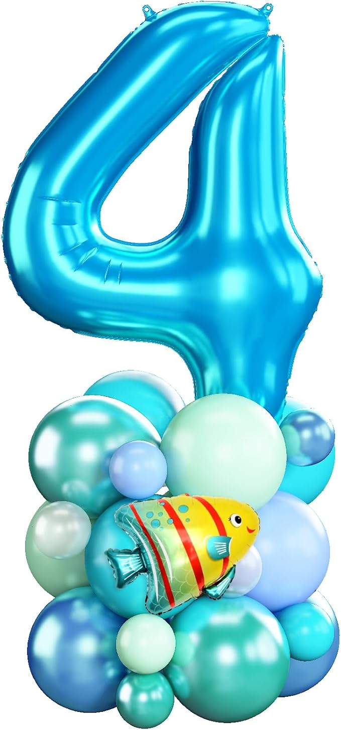 40 Inch Number 4 Balloon Blue Ocean Under the Sea Number Four Foil Balloons Tower with Shark Bubble Fish for Boys 4th Birthday Party Decor Blue Green Underwater Digital Aluminum Balloons Stack