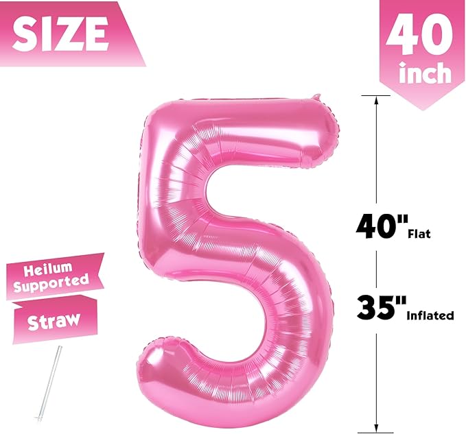 40 Inch Pink Number 5 Balloon, Giant 5 Number Balloons for 5th Birthday Decorations, Party Supplies for Baby Boy Girl, Pink Party Decor