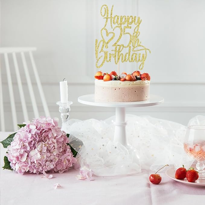 Gold Glitter Happy 25th Birthday Cake Topper - Cheers to 25 Years Cake Topper, 25 & Fabulous Cake Decoration for Hello 25th Birthday Anniversary Party Cake Decorations Supplies