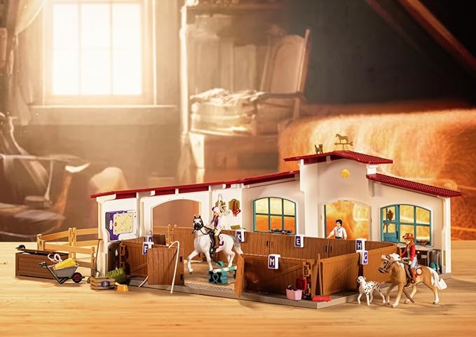 Schleich Horse Club - 179PC Peppertree Riding Arena Horse Playset with Real Dressage Cards - With Stable Set, 2 Horses, 3 Rider Figurines, Cards and Accessories - Toys for Girls & Boys Ages 5+ | 42639
