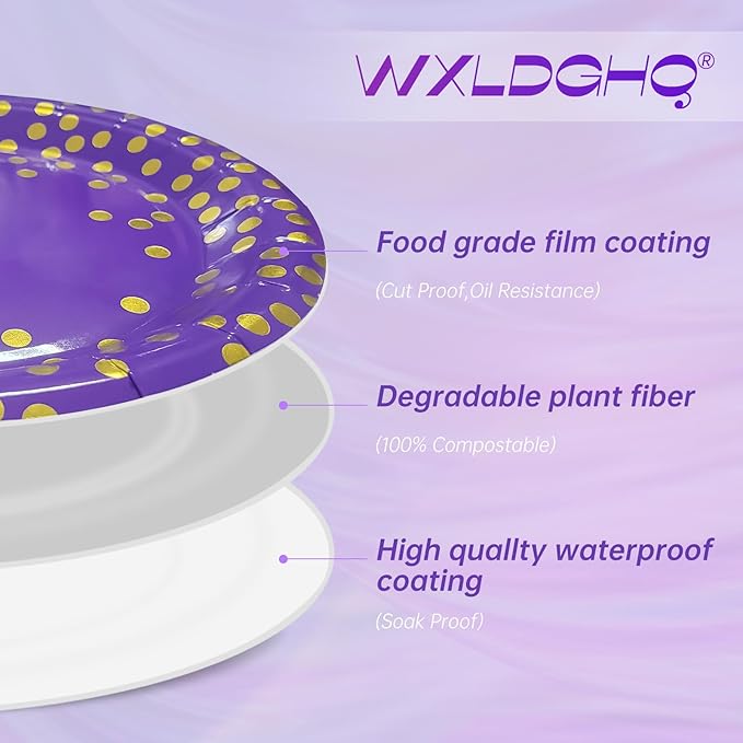 Purple and Gold Party Decorations for 35 Guest 7",Birthday Plates and Napkins Party Supplies,Purple Paper Plates Napkins for Wedding,Graduation