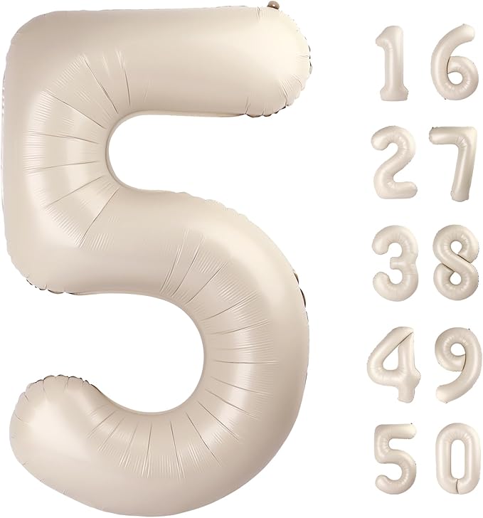 40 Inch Milk White Balloon Number 5 Cream Balloon Jumbo Mylar Foil Helium Balloons for 15 25 35 50 Big Giant Jumbo Huge Foil Mylar Balloons 55th 65th Birthday Balloons Men Women Party Decorations