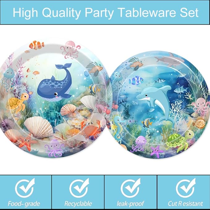Under The Sea Party Plates Ocean Disposable Paper Plates Dinnerware for Underwater World Sea Life Theme Baby Shower 1st 2nd 3rd 4th Birthday Party Decorations