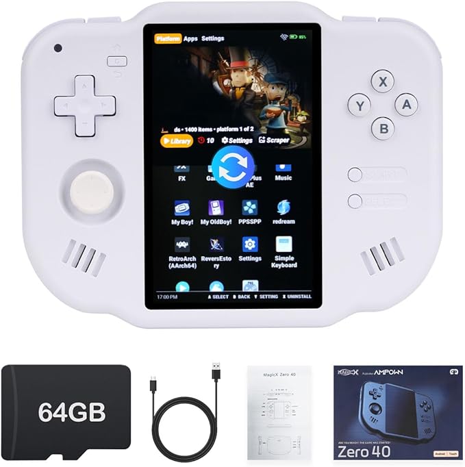 MagicX Zero 40 Handheld Game Console, 4.0 Inch IPS Screen Retro Video Games Consoles with 4300mAh Long Battery Life & 64GB TF Card Preloaded Games, WiFi Wireless Connection Classic System (White)
