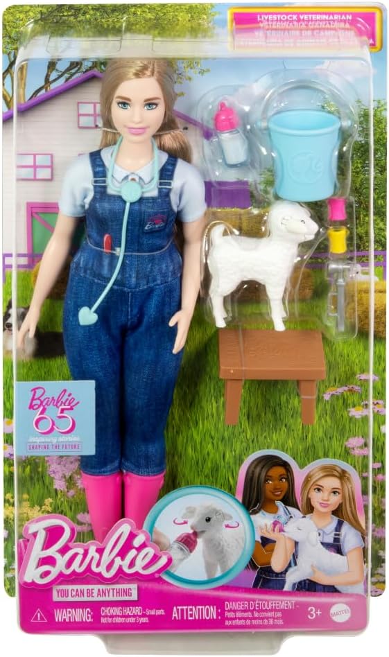 Barbie 65th Anniversary Doll & 10 Accessories, Farm Veterinarian Set with Blonde Vet Doll, Lamb with Moving Ears & More
