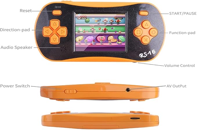 RS16 Portable Classic Game Controller - Built-in 260 Games, 2.5 inch LCD, Retro Arcade Video Game System - Children's Birthday Gift (Orange)