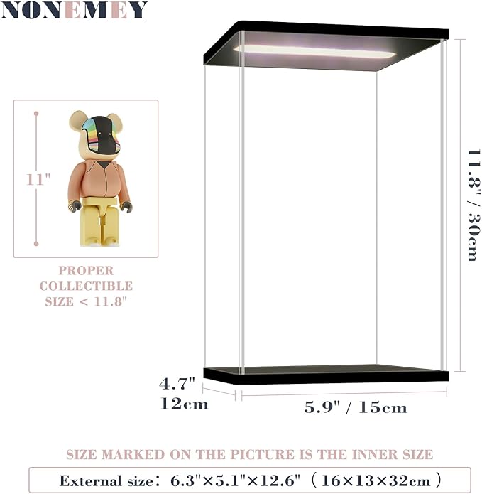 NONEMEY Clear Acrylic Display Case with Remote Control Light for 400% Bearbrick, Dustproof Model Showcase Organizer Box, Display Case for Collectibles Bearbrick (6×4.7×11.8inch,15×12×30cm)