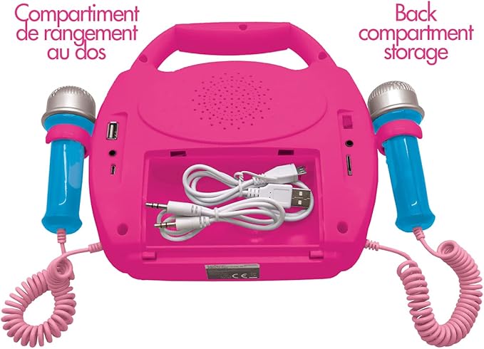 LEXiBOOK – Disney Princess - Portable Karaoke Digital Player for Kids – Microphones, Light Effects, Bluetooth, Record and Voice Changer Functions, Rechargeable Battery, Pink, MP320DPZ