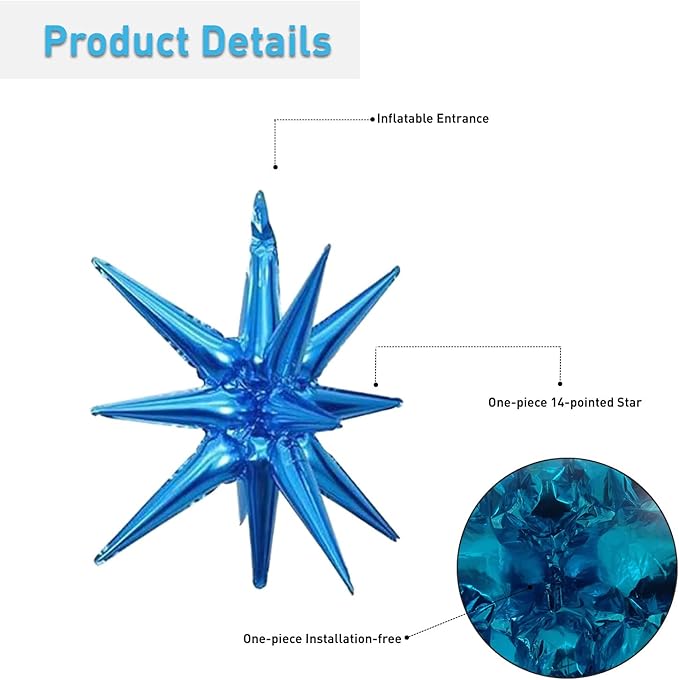 6 Pcs Blue Star Foil Balloons One-Piece 14-Pointed Star Balloon 4D Starburst Cone Mylar Balloon 22inch Christmas Birthday Wedding Wedding Anniversary Party Supplies(Blue)