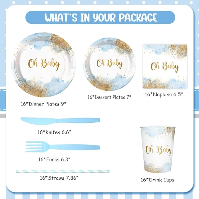 112 PCS Baby Shower Party Decorations Boy Watercolor Pastel Blue Boy Baby Shower Party Supplies Disposable Dinnerware Oh Baby Paper Plates Napkins Cups Serves Serves 16