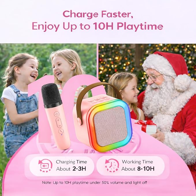 Karaoke Machine for Kids, Portable Bluetooth Speaker with 2 Wireless Microphones, Christmas Birthday Gift Toy Ideas for Boys and Girls Ages 4, 5, 6, 7, 8, 9, 10, 12+ Years Old (Pink)