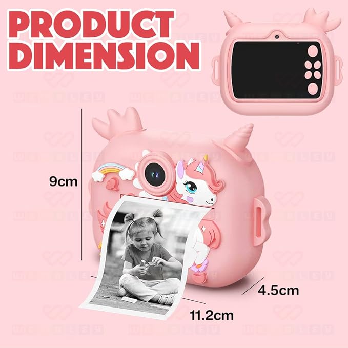 Wembley Kids Camera Instant Print with Dual Lens | Birthday Gift Toys for Boys & Girls 3–10 Years | Unicorn Digital Toddler Camera Thermal Printer | Selfie & Video | Rechargeable | 32GB SD Card Pink