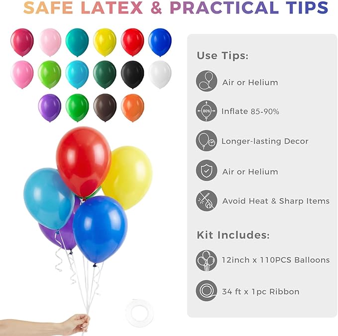 LovesTown 110PCS Assorted Colors Rainbow Balloons, Multicolor Latex Balloon for Birthday Baby Shower Graduation Engagement Anniversary Wedding Party Supplies Garland Arch Decoration,12 Inches
