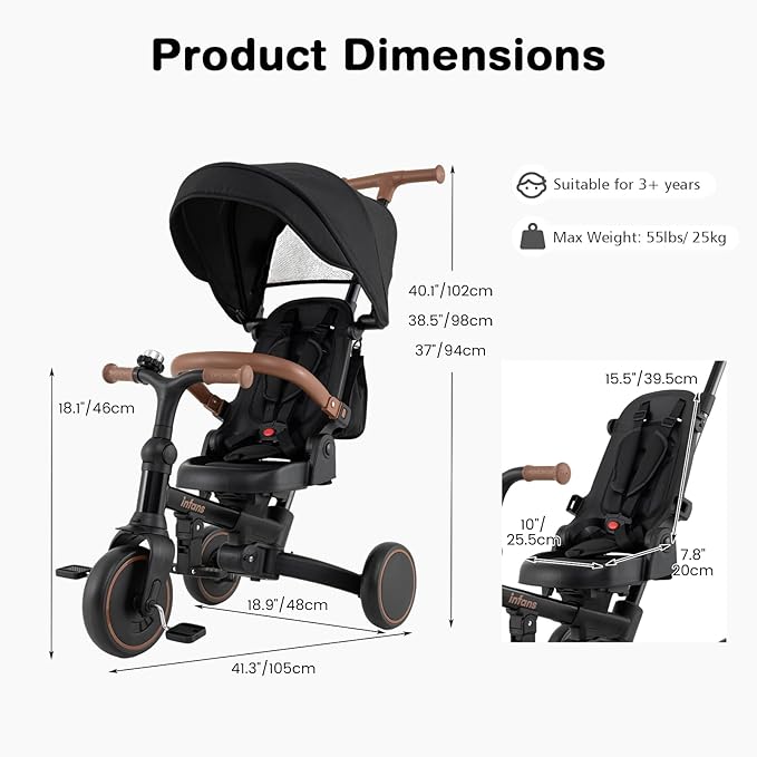 INFANS 9-in-1 Foldable Toddlers Tricycle, Converts Stroller to Balance Bike with Adjustable Push Handle, Canopy & Backrest, Pedal Conversion, Retractable Rear Wheels for 1-6 Years (Black)
