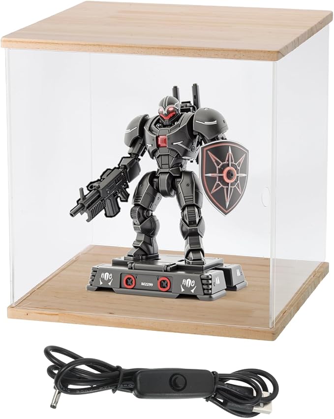 MECCANIXITY Clear Display Case, Acrylic Figure Display Case Clear Display Boxes for Collectibles, Figures Model Toys Home Storage(with Square LED Light, 12x12x13 Inch Wood Base)