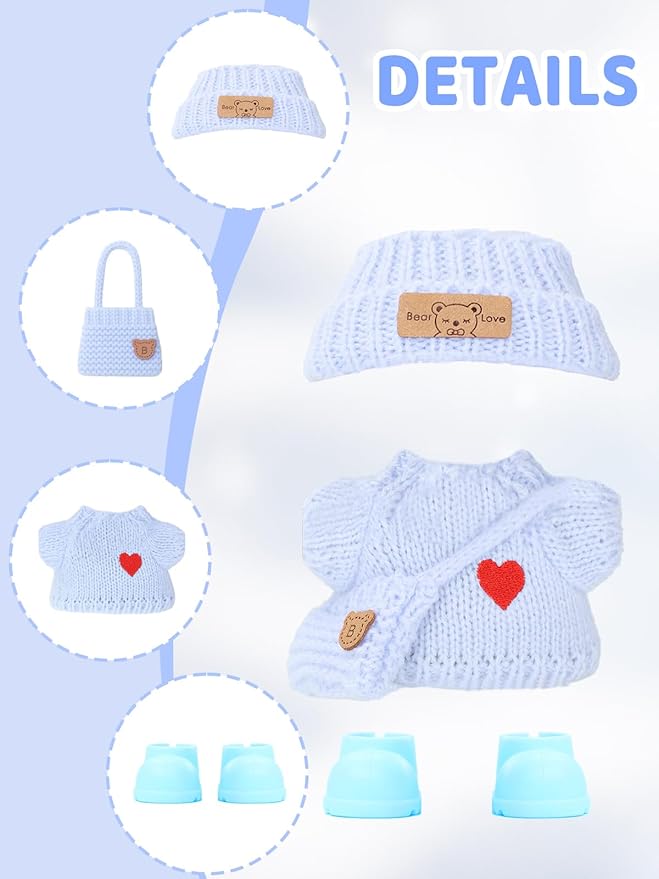 2026 New Crochet Doll Clothes Set for 17cm (6.7 inch) Dolls - 4 Piece Outfit with Hat, Dress, Backpack & Shoes - Cute & Stylish Accessories for, Light Blue (Doll Not Included)