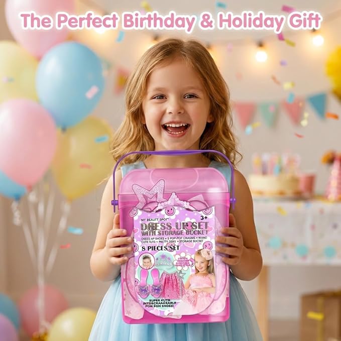 My Beauty Spot Princess Dress Up Set for Girls 4–6 with Storage Bucket — Dress Up Clothes with Tiara, Wand, Skirt & Shoes, Pretend Play Costume Toy