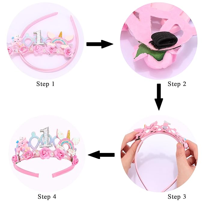 SuPoo First Birthday Decorations for Girl 1st Birthday Crown Headband Pink Hair Band Princess Tiara One Year Old Birthday Party Decorations Outfit Accessory