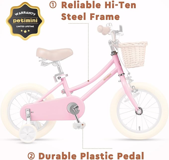 Petimini Vintage Kids Bike for Girls, 12–20 Inch Classic Bicycle with Wicker Basket & Bell, High Tensile Steel Frame, Training Wheels (12–18”), 85% Pre-Assembled, Retro Bike for Outdoor Riding