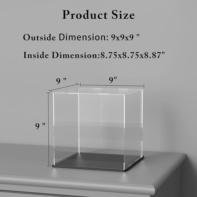 Acrylic Display Case, Super Clear Displaying Box with Matt Base and Lid for Toys, Figures, Collectibles (9x9x9 inch)