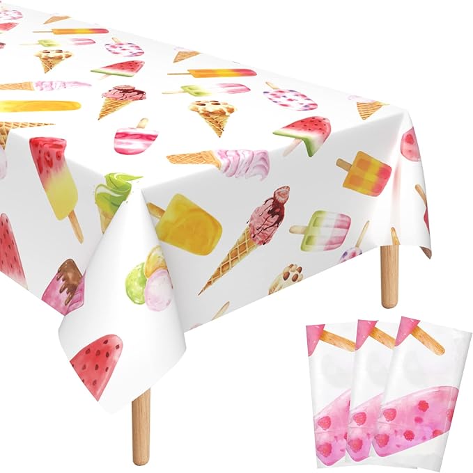 3 Pieces Ice Cream Plastic Tablecloth, 51 x 86 Inch Ice Cream Party Table Cover, Ice Cream Party Decorations, Suitable for Ice Cream Theme Birthday Party Supplies
